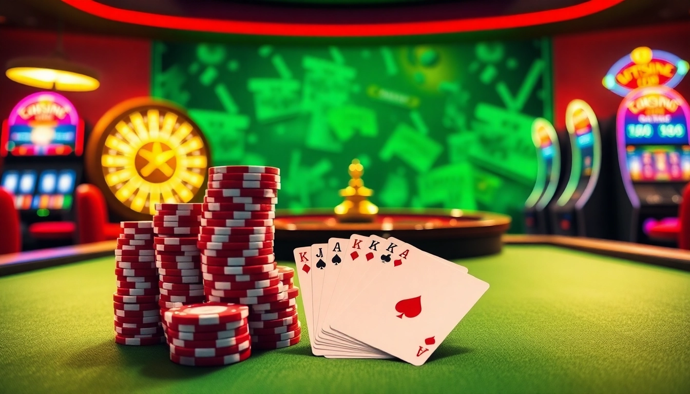 Experience thrill at https://xx88.video/ with vibrant casino visuals of poker chips, cards, and roulette.