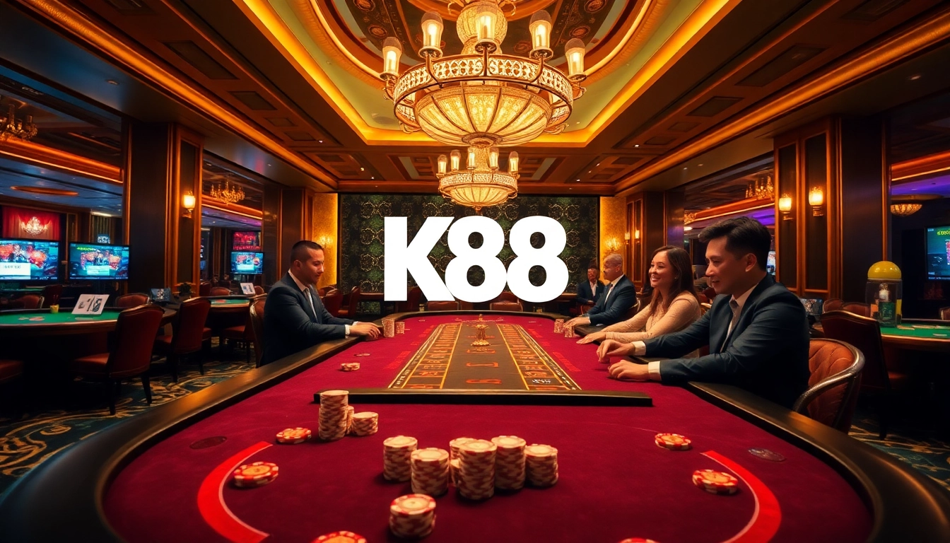 K88 casino scene with players enjoying high-stakes blackjack and roulette.