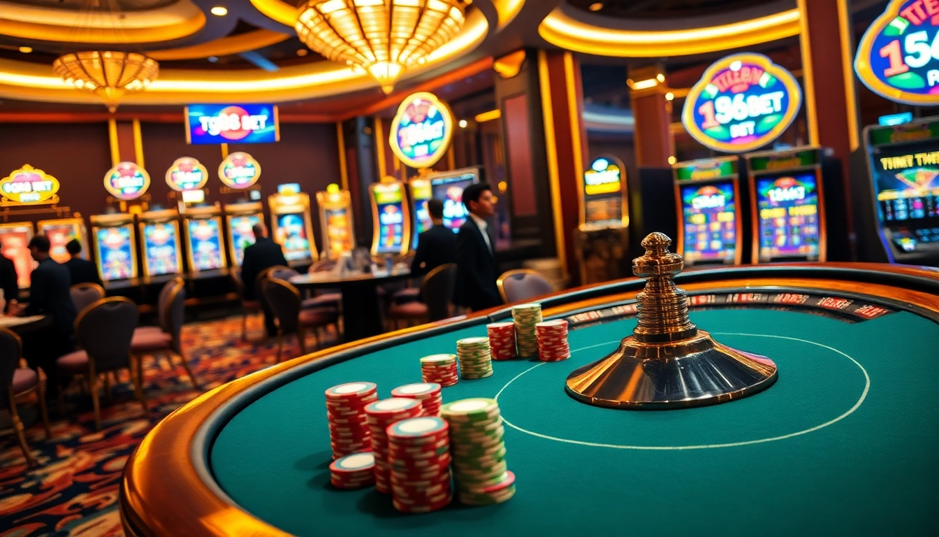 tg88 bet experience: Engaging poker table with chips and roulette wheel in sophisticated casino setting.