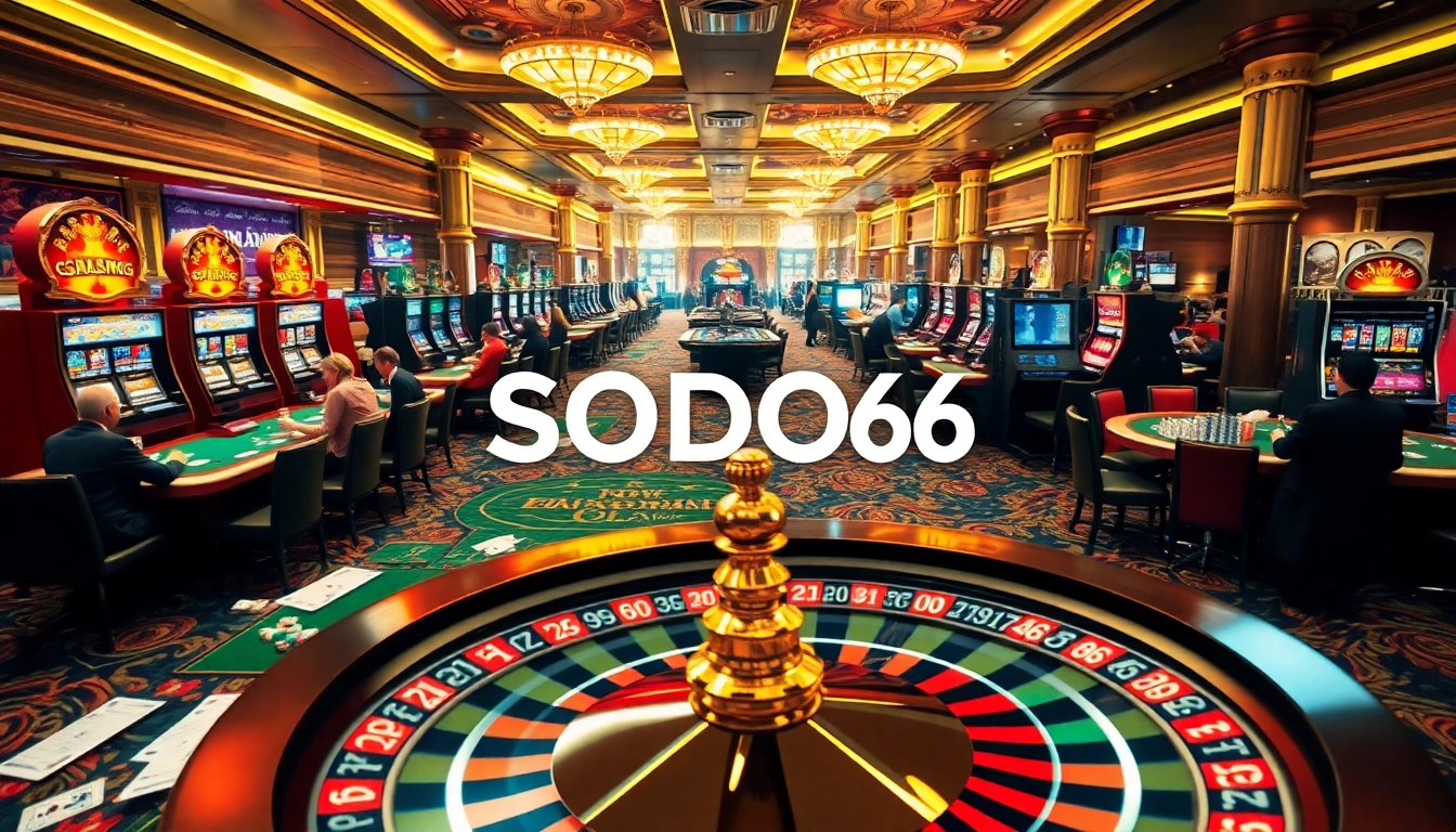 SODO66 casino atmosphere with players enjoying various gambling activities, showcasing excitement and luxury.