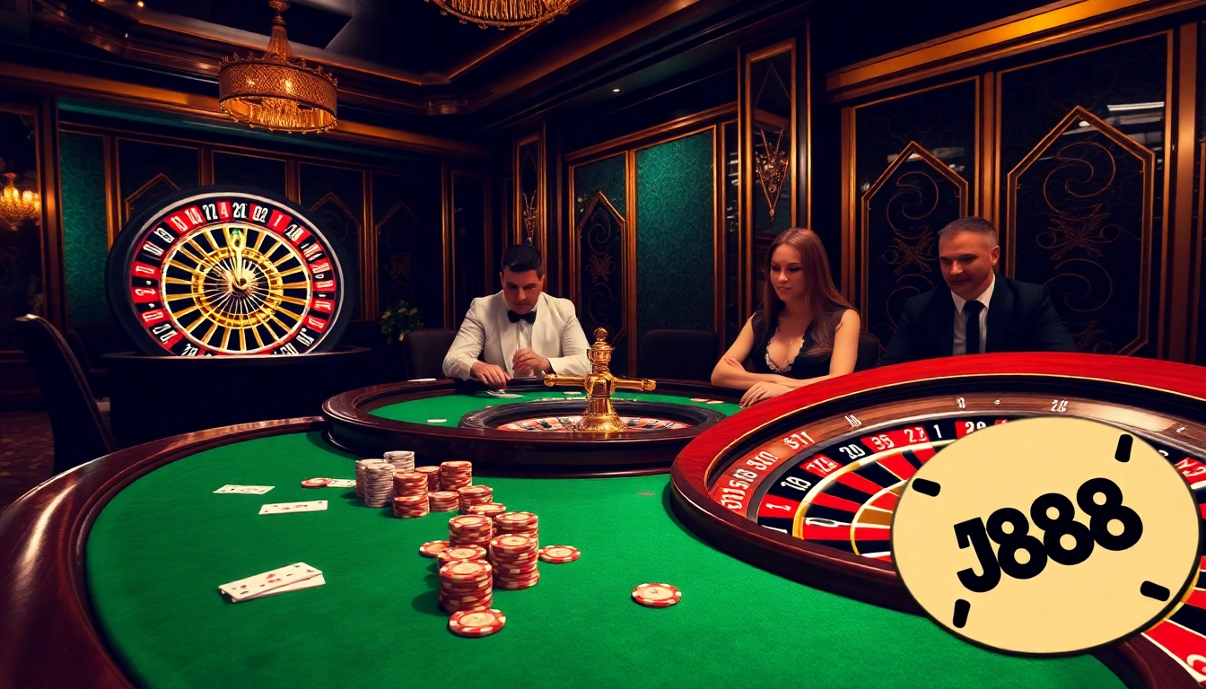 Experience the thrill of j88 with vibrant poker chips and an elegant roulette wheel.