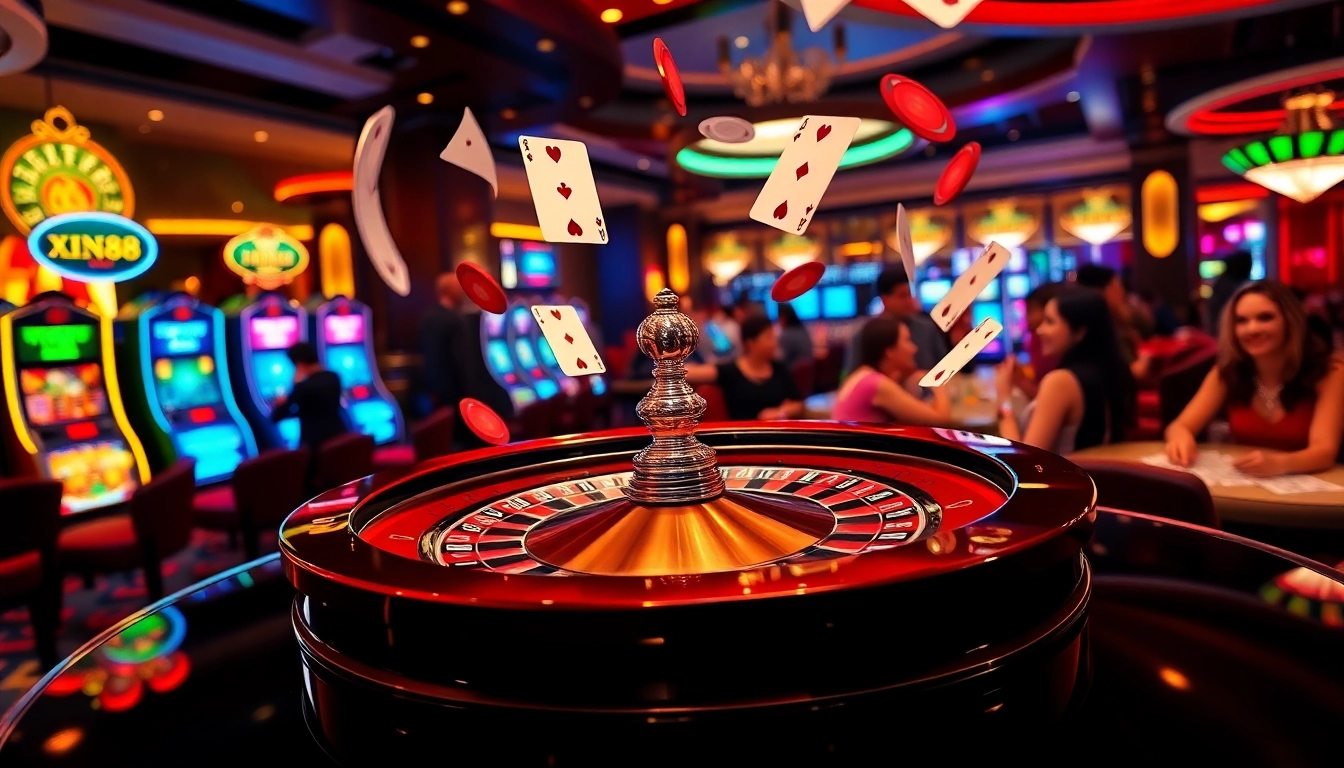 Exciting casino table featuring Xin88 poker chips, cards, and a glowing roulette wheel.