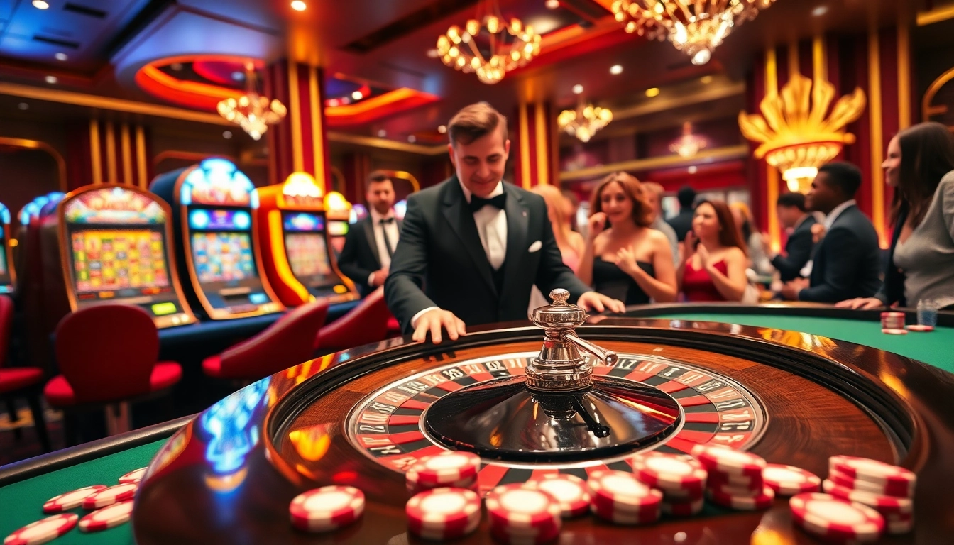 Terlibat dalam kegembiraan permainan Datukwin di kasino mewah, menampilkan roulette dan mesin slot yang berwarna-warni.