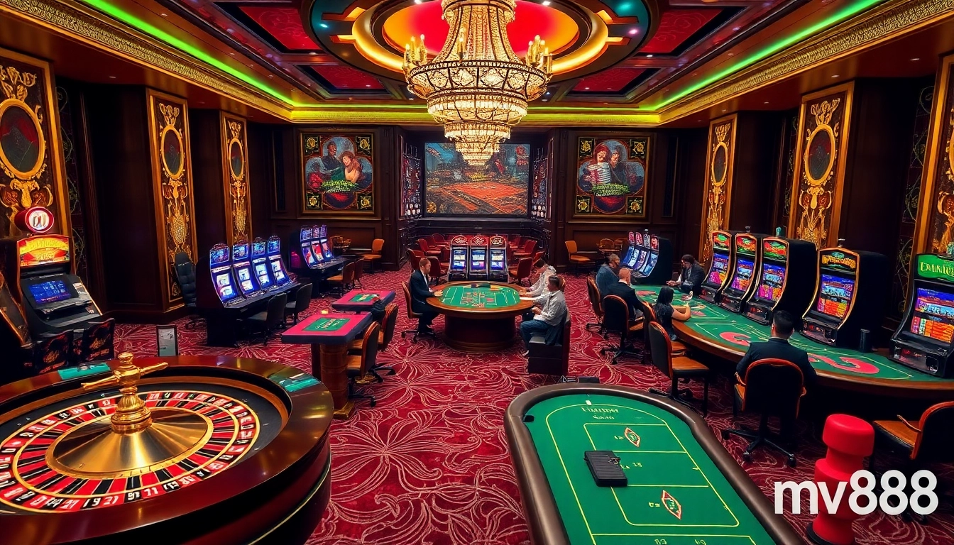 Exciting casino action at mv88 with players betting at roulette and poker tables.