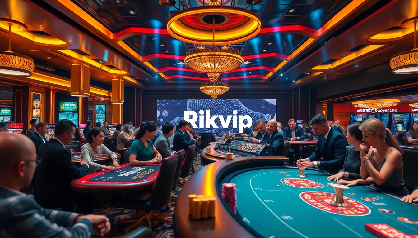 Excited players enjoy various casino games while the Rikvip logo subtly enhances the gambling atmosphere.