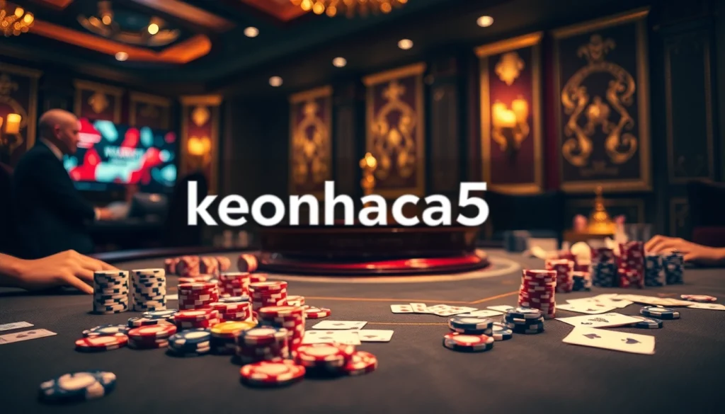 Engaging casino experience highlighting keonhacai5 amidst poker chips and roulette.