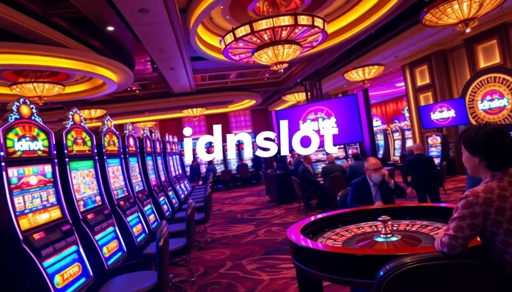Players enjoying the excitement of idnslot in a luxurious casino setting with vibrant machines and tables.