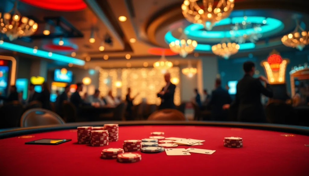 Agen SBOBET menghadirkan suasana kasino yang megah dengan meja permainan dan kartu yang elegan.