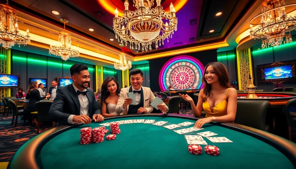 Experience the thrilling atmosphere of gambling at https://rr88.bar/, featuring players, poker chips, and roulette tables.