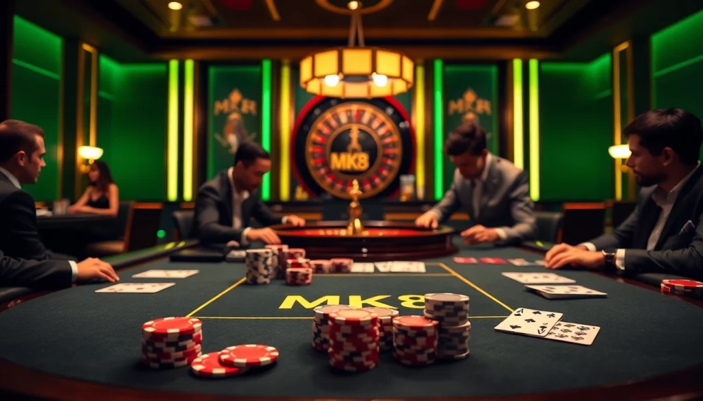 MK8 branded gaming table showcasing poker chips and playing cards in an elegant casino.