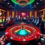 Experience luxury gambling action with various games at 123bet, featuring vibrant visuals and a roulette wheel.