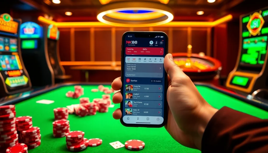Engaging gambler using NK88 app on smartphone for live betting with colorful casino chips and cards
