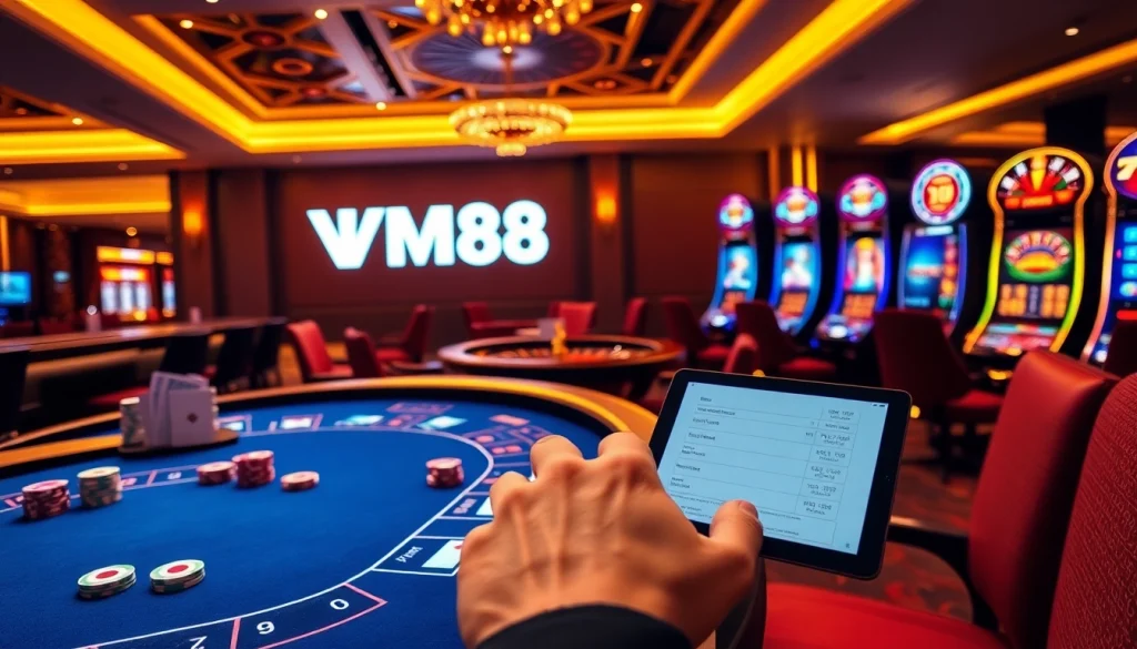 Placing a strategic bet on VM88 digital casino interface with poker chips and roulette wheel