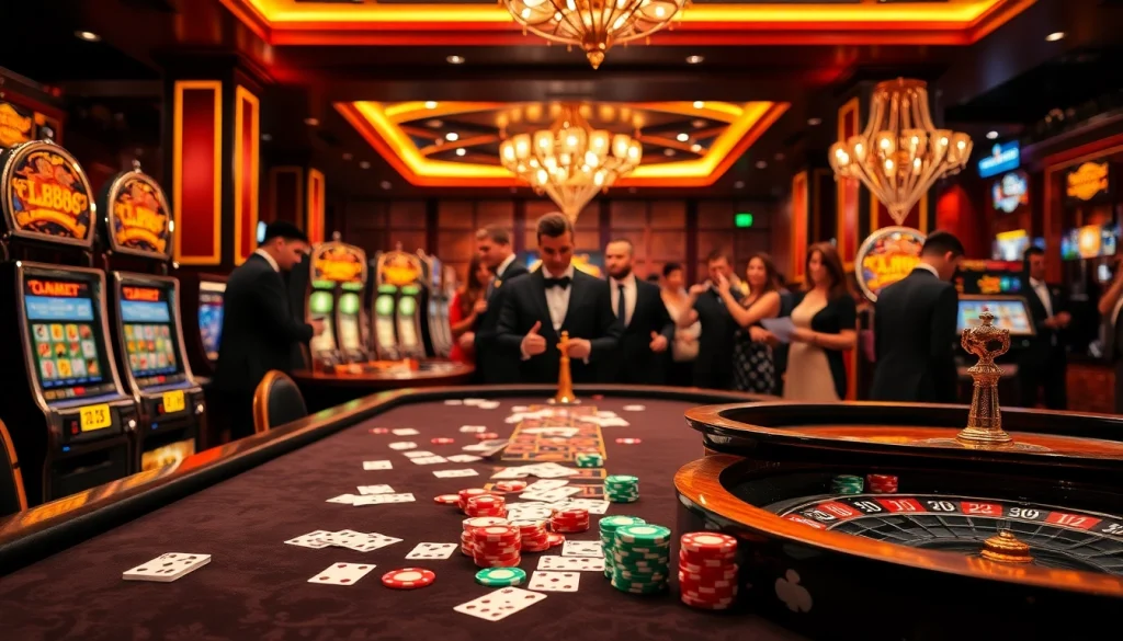 DH88 casino scene with a luxurious table and players engaged in exciting gaming activities.